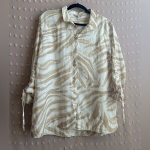 John Mark Linen Blend Zebra Print Cinch Long Sleeve Button Up Sz M White Tan